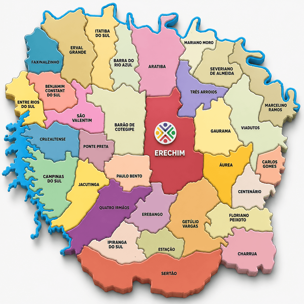 Mapa da região de Erechim com municípios atendidos pelo Vida Card.